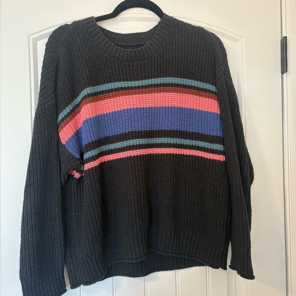 American Eagle Striped Knit Sweater in Black with Multicolor Stripes Medium